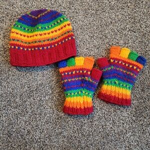 Yak N Yeti Knit Rainbow Wool Beanie Hat With Matching Fingerless Gloves Set